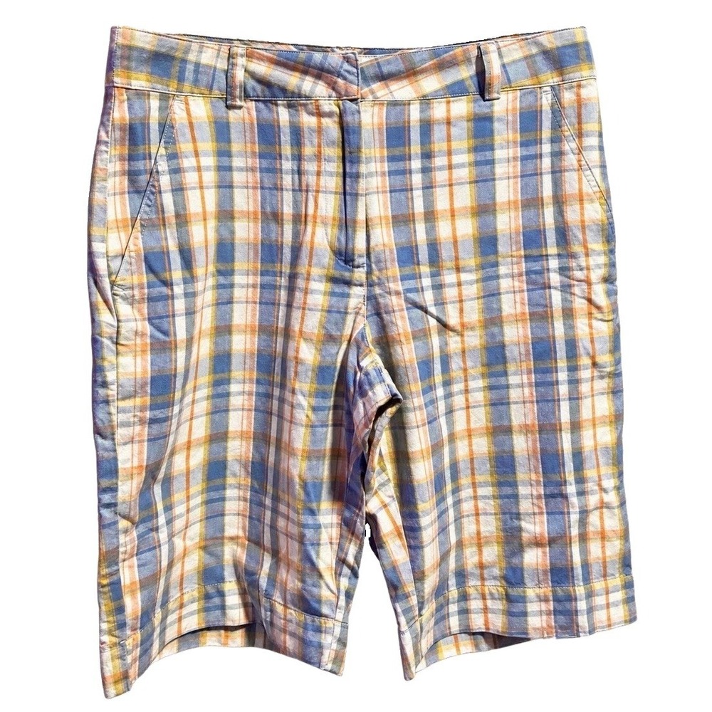 L.L.Bean Women's Plaid Bermuda Shorts Size 10 Regular Cotton Blue Orange White